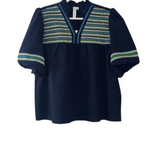 Grace + Karma Womens Bubble Sleeve Peasant Top Navy Textured Embroidered L New - Picture 1 of 3